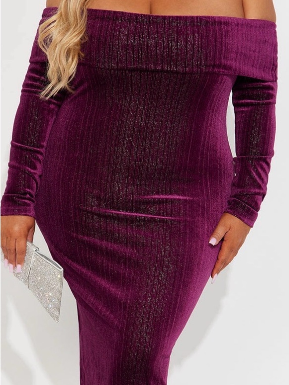 Fashion Nova Off-Shoulder Velvet Maxi Dress in Plum